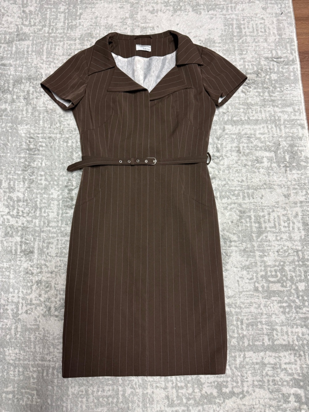 Brown Pinstripe Belted Women’s Dress